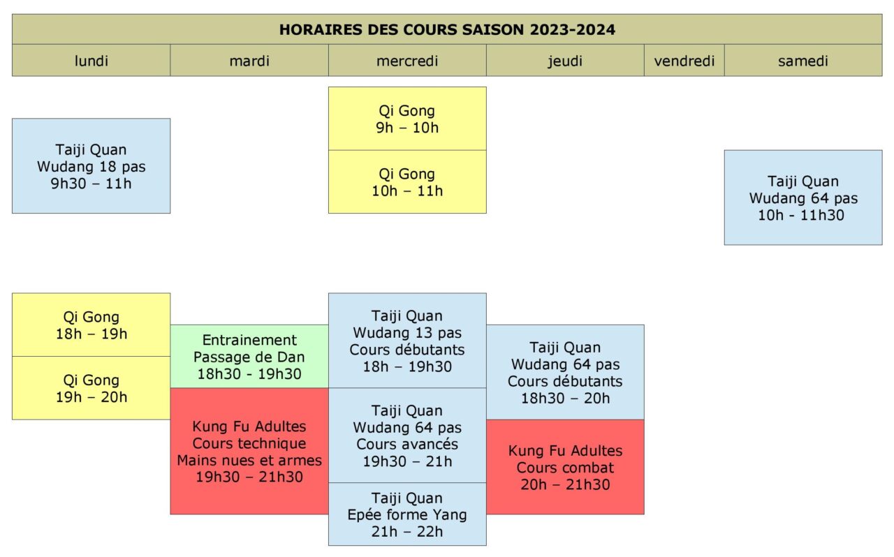 Horaires pour l'ensemble des cours saison 2023-2024