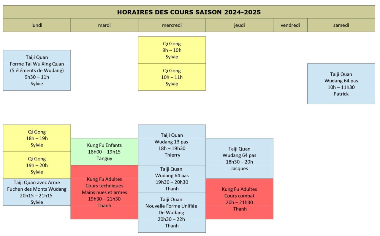 Horaires des cours pour la saison 2024-2025