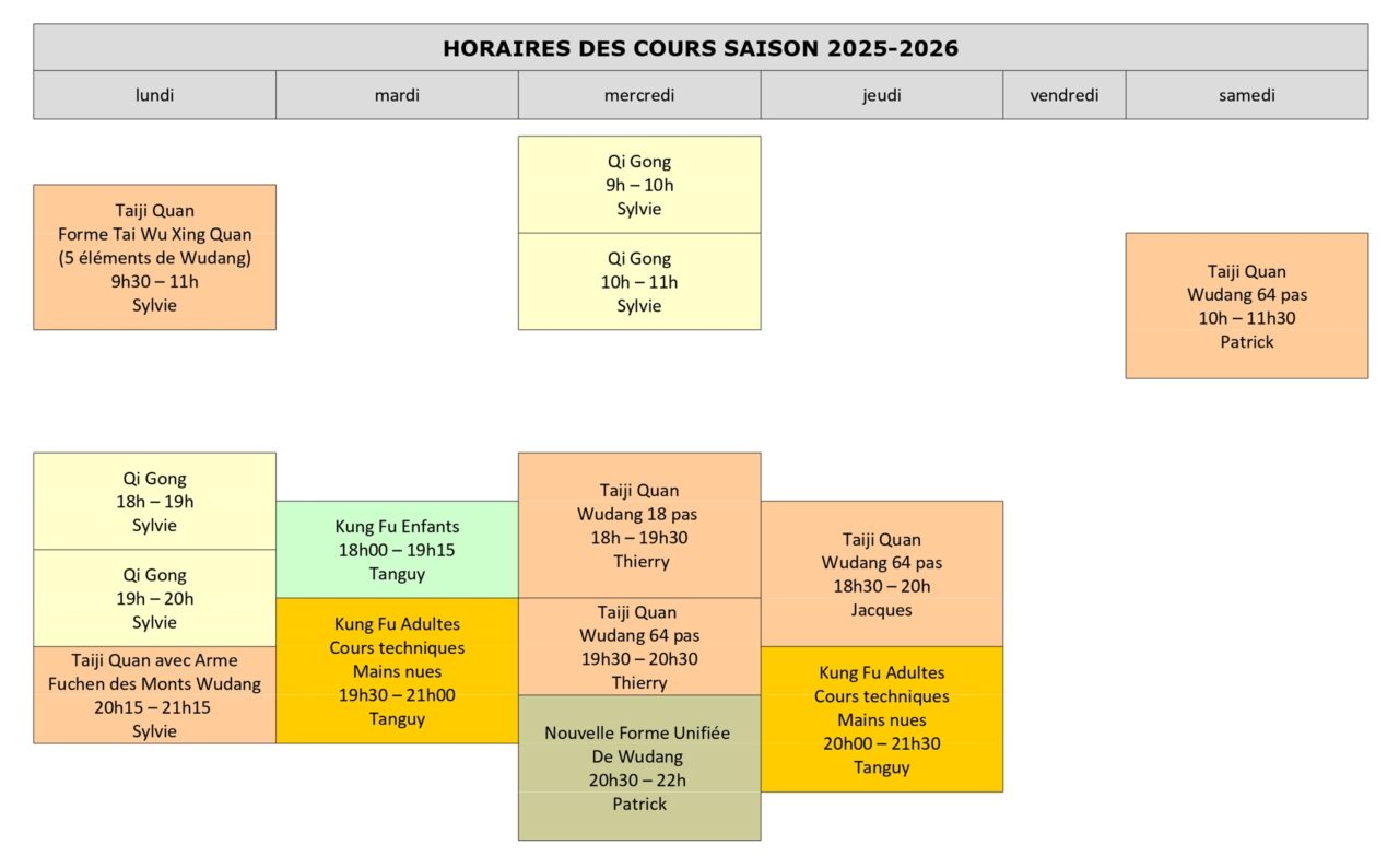 Horaires de la saison 2025-2026 pour l'ensemble des cours